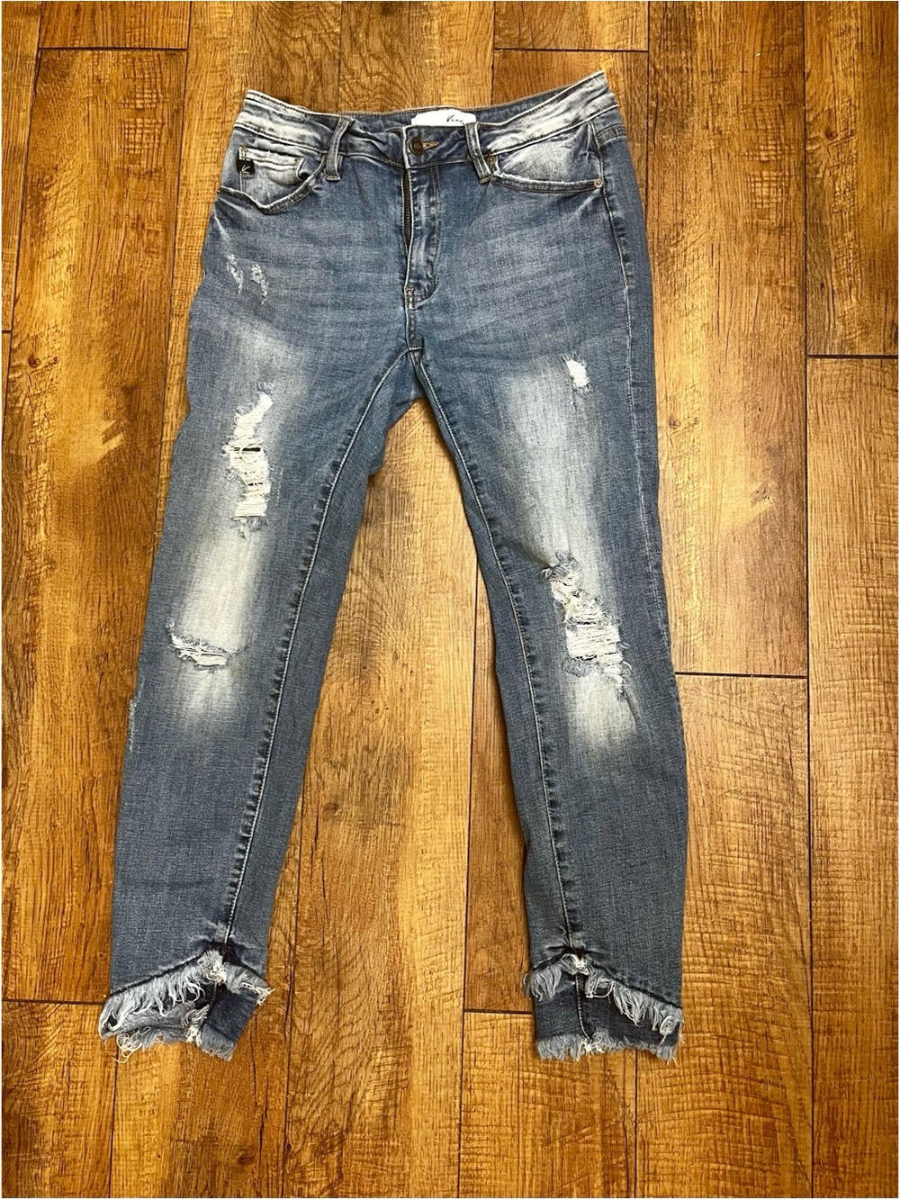 KanCan Distressed Blue Ankle Crop Jeans with Frayed Hem